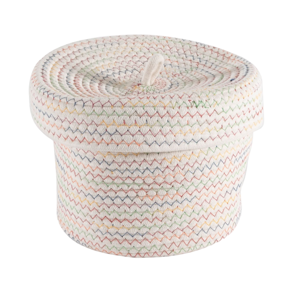Cotton Rope Basket With Lid-White+ Multy-25X25X20Cm