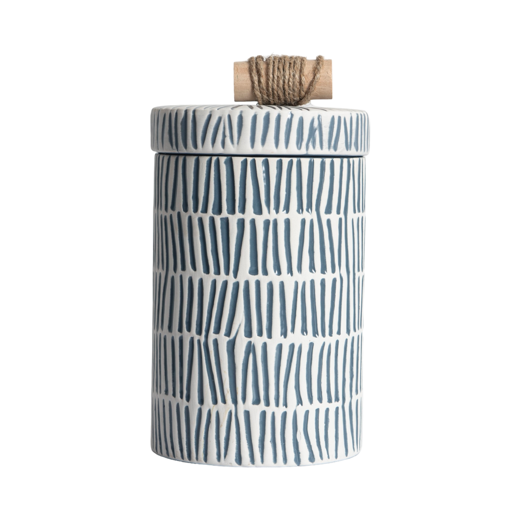 CERAMIC CANISTER WITH WOOD HANDLE ON TOP-L-WHITE-BLUE-NATURA