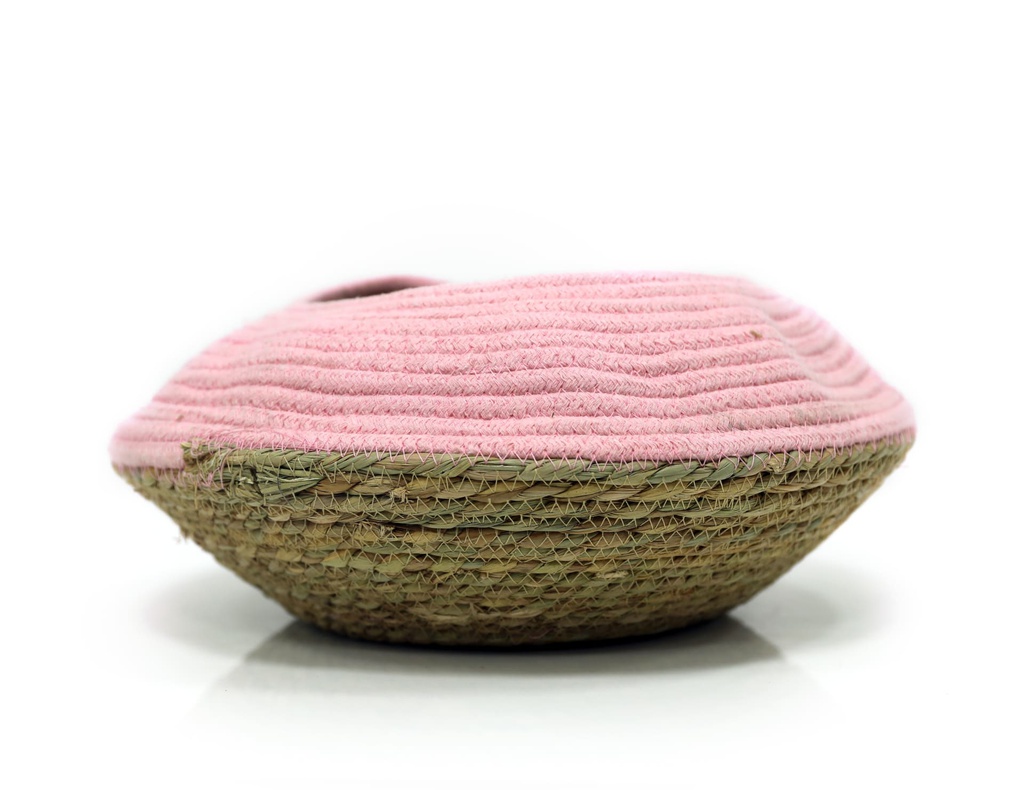 FABRIC AND STRAW WOVEN BASKET-L-PINK-NATRUAL